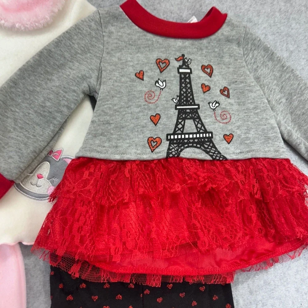 Cat Paris Eiffel Tower Baby Girls Multicolor Swiggles Outfit Lot Fleece 6-9M